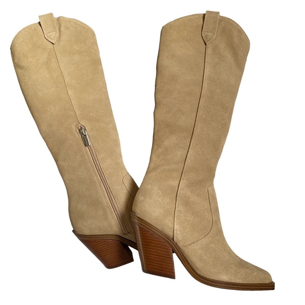 New Camel Cowboy Suede Vince Camuto knee high square toe boots. Size 5.5